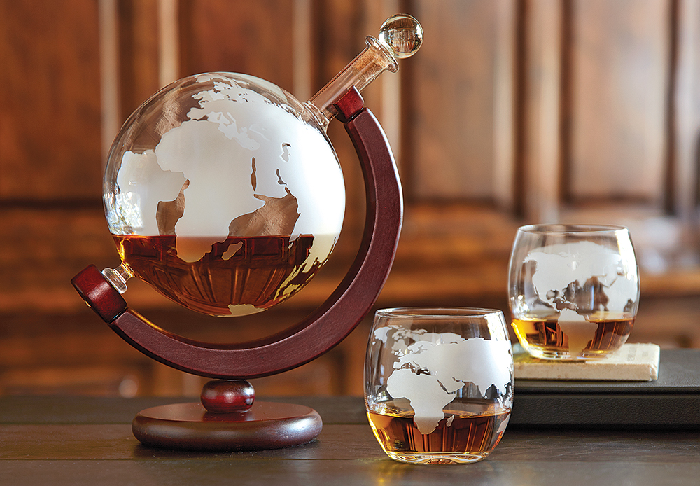 Etched Globe Whisky Decanter and Glasses Set