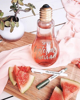 Labeled watermelon lemonade carafe.